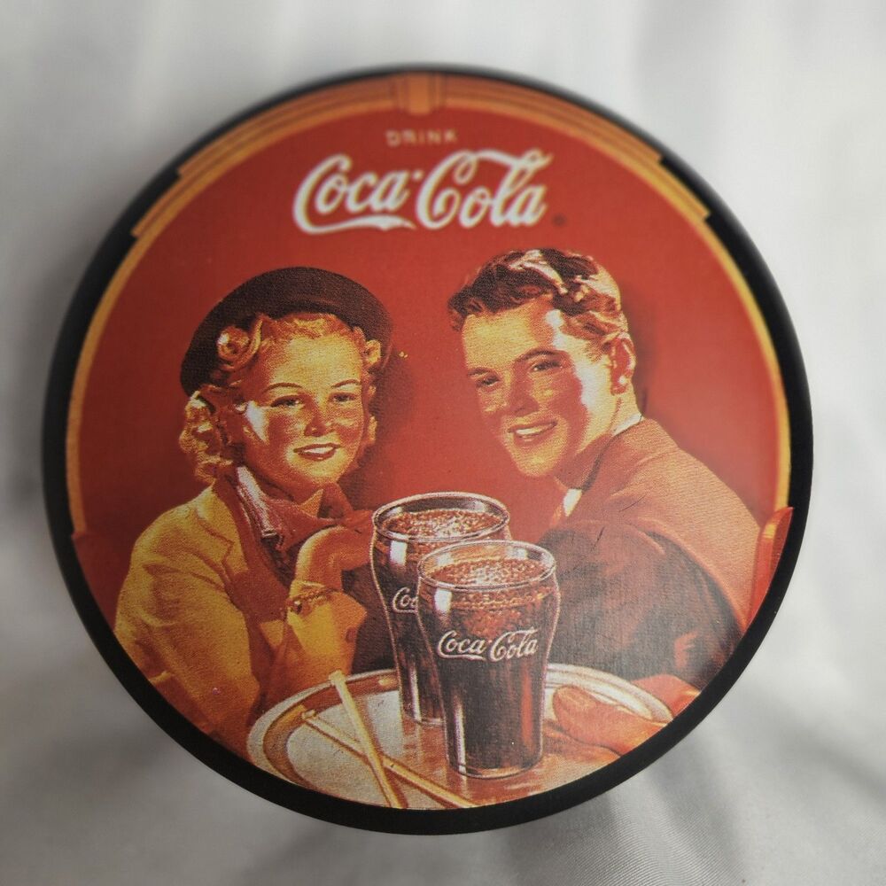 VTG 1988 Coke Round Metal Tin Drink Coca-Cola Girl Boy Drinking Soda Fountain